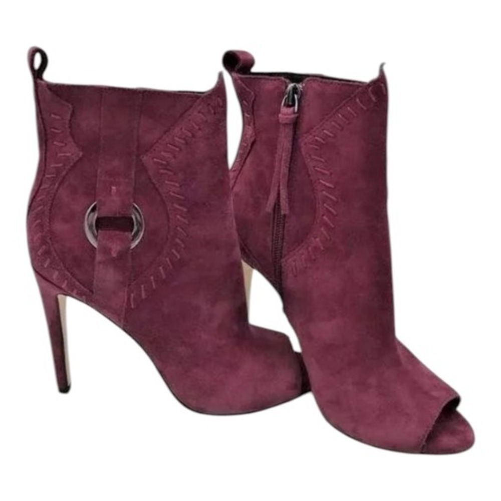 Rebecca Minkoff Peep Toe Suede‎ Ankle Boots Burgundy Heel Zip Side Booties 7.5